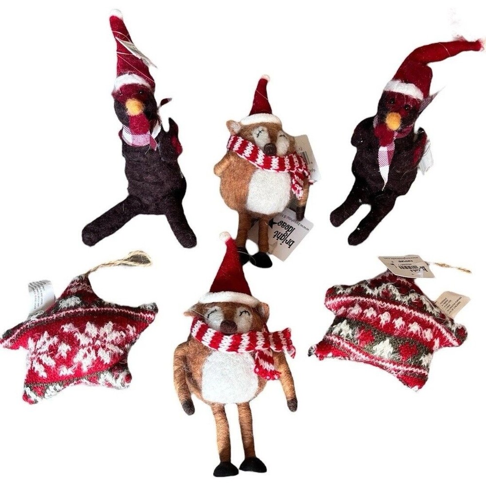 6 Pc LOT felted Wool And Knit Rustic Ornaments Critters, Stars Bright Ideas NWT